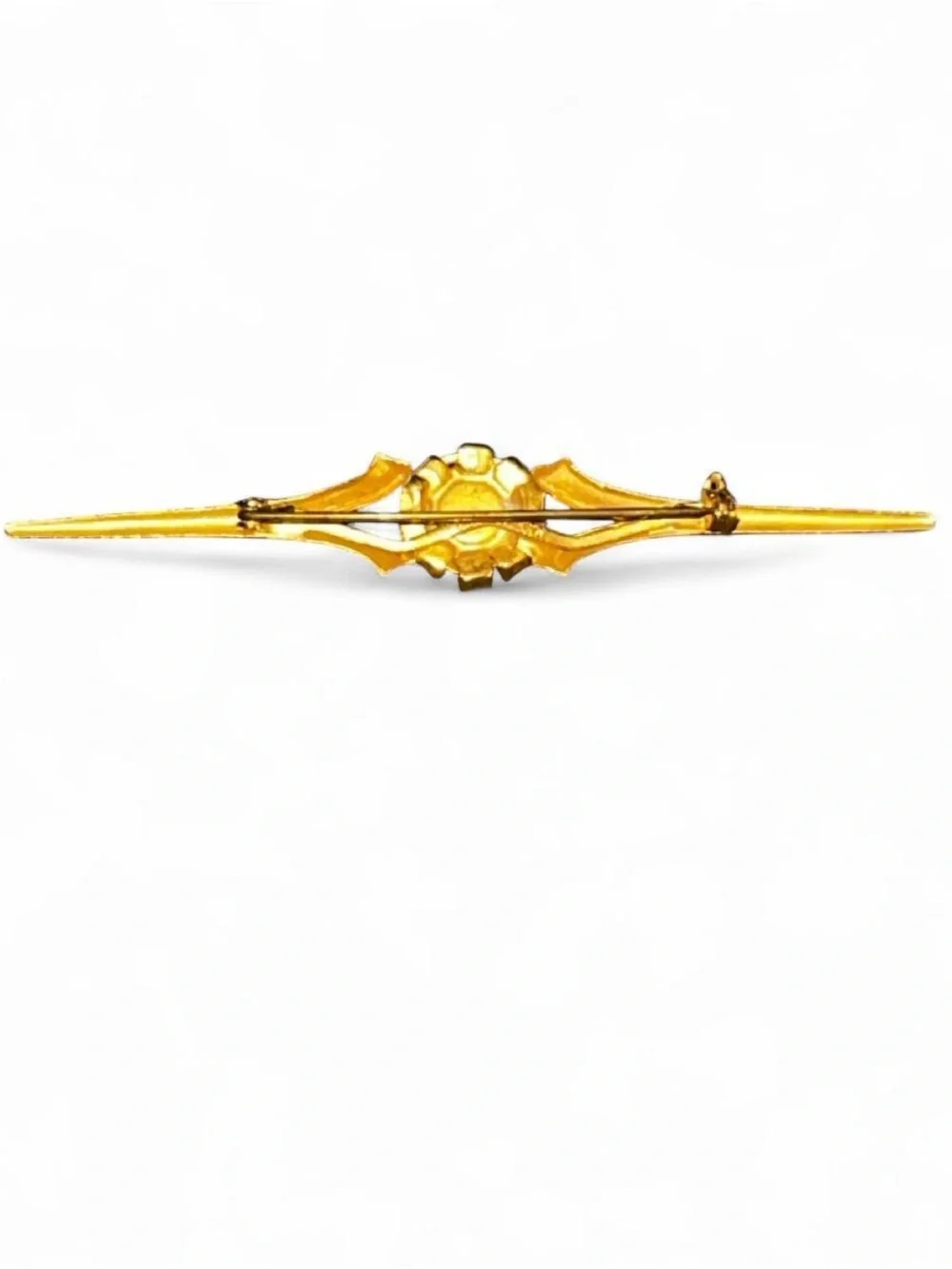 Vintage Gold Tone Bar Brooch with Dark Blue Center and Clear Accents